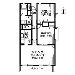 JR南武線 矢川駅 徒歩15分の賃貸マンション 2階2LDKの間取り