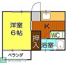 西武拝島線 玉川上水駅 徒歩9分の賃貸マンション 2階1Kの間取り