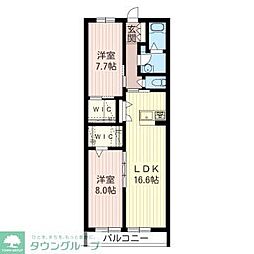 JR中央線 国分寺駅 徒歩5分の賃貸マンション 2階2LDKの間取り