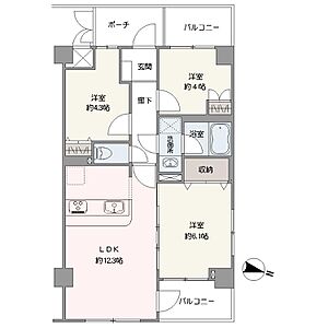 間取り：鉄筋コンクリート造6階建てマンションの4階に位置する3LDKの住戸です。LDKは2面採光で陽当り良好です。各洋室に収納が備わっており、住空間をきれいに保てます。