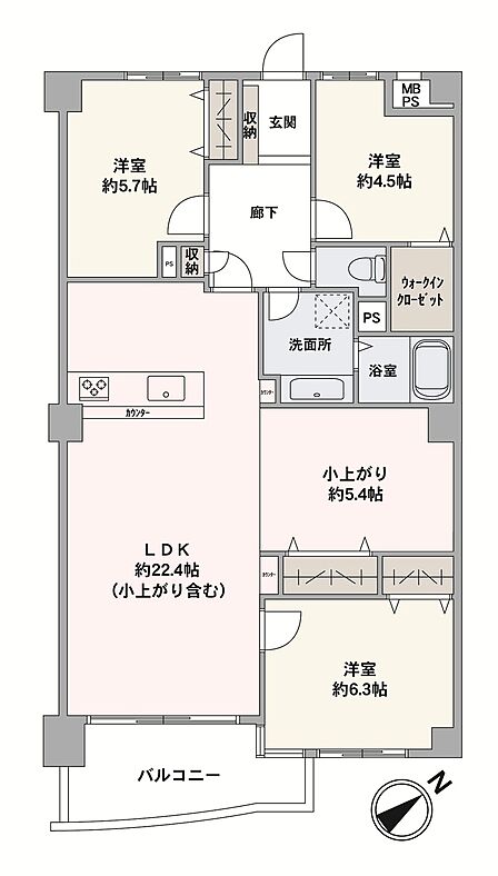 南東向き住戸です。暮らしの中心となるLDKは、22帖の広々空間。WICなど室内随所に収納が備わっていて、居住空間を広く使えます。