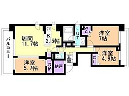 札幌市電2系統 西線16条駅 徒歩7分の賃貸マンション 4階3LDKの間取り