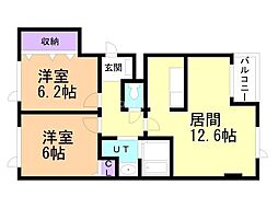 リーフガーデン藻岩II 2階2LDKの間取り