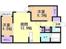 札幌市豊平区平岸五条13丁目マンション 2LDKの間取図画像
