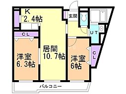 平岸リバーサイド 2LDKの間取図画像
