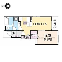 サニーフラット黒岡B棟 101 1階1LDKの間取り