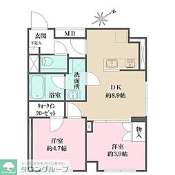 JR京浜東北・根岸線 大井町駅 徒歩8分の賃貸マンション 5階2DKの間取り