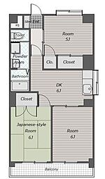 西武拝島線 武蔵砂川駅 徒歩23分の賃貸マンション 2階3DKの間取り