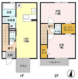 JR南武線 矢川駅 徒歩10分の賃貸アパート 1階2LDKの間取り