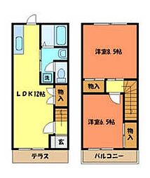 京王高尾線 めじろ台駅 バス5分 寺田センター下車 徒歩3分の賃貸テラスハウス 1階2LDKの間取り