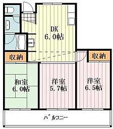 リバーサイド北田園 2階3DKの間取り