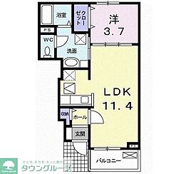 オークパレスII 1階1LDKの間取り