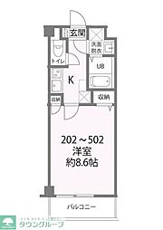 パークレジデンス八幡 5階1Kの間取り