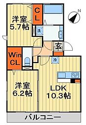 ラ・リアンＣ 3階2LDKの間取り