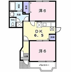 クレストヒルズＥ 1階2DKの間取り