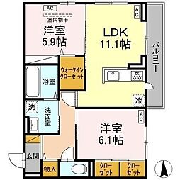 ヴィラージュ 3階2LDKの間取り