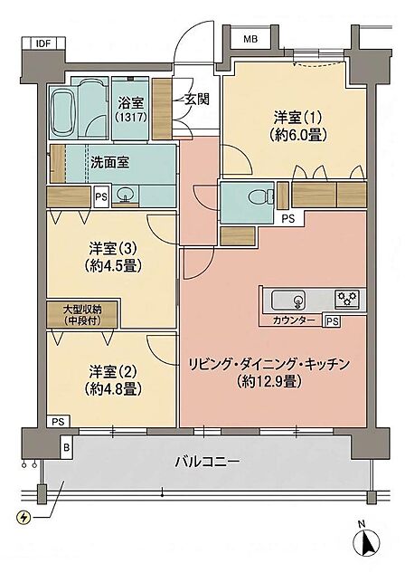 【明るい住まいの間取り】玄関からLDKまで一直線につながる生活動線のよい3LDK。洋室3帖には大型収納も備えています