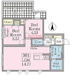 コリーヌ駒場池尻 3階2LDKの間取り