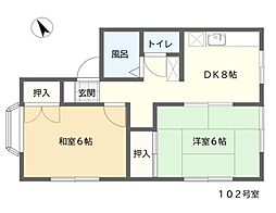 ドミールT.O 1階2DKの間取り
