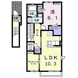 JR可部線 河戸帆待川駅 3.9kmの賃貸アパート 2階1LDKの間取り