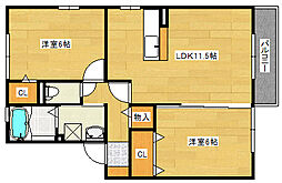 JR芸備線 矢賀駅 徒歩22分の賃貸アパート 1階2LDKの間取り