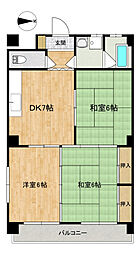 広島電鉄8系統 寺町駅 徒歩10分の賃貸マンション 3階3DKの間取り