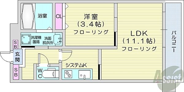 北海道札幌市中央区南十四条西1丁目(賃貸マンション1LDK・3階・35.22㎡)の写真 その2
