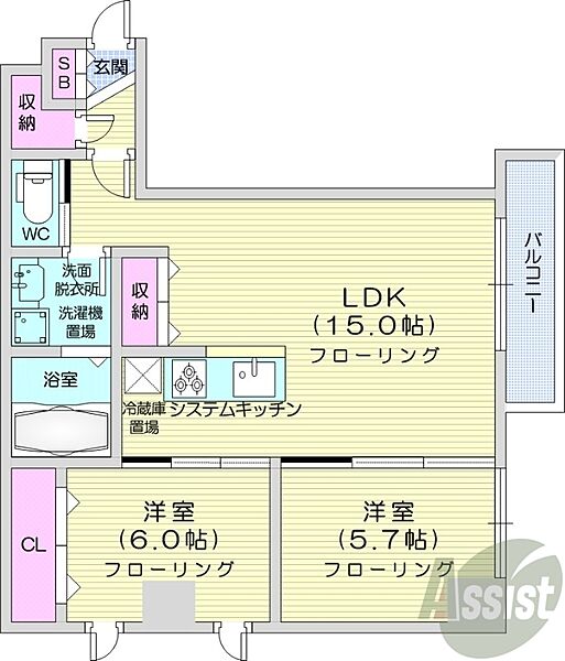 北海道札幌市豊平区中の島一条4丁目(賃貸マンション2LDK・2階・63.10㎡)の写真 その2