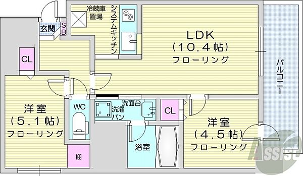 北海道札幌市中央区南九条西12丁目(賃貸マンション2LDK・4階・45.56㎡)の写真 その2