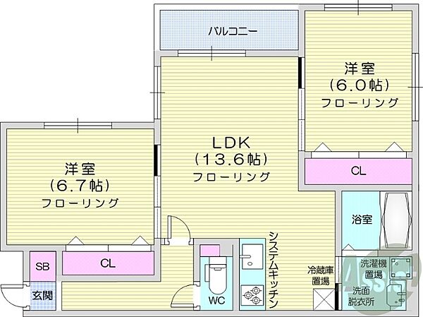 北海道札幌市中央区南九条西16丁目(賃貸マンション2LDK・1階・61.02㎡)の写真 その2