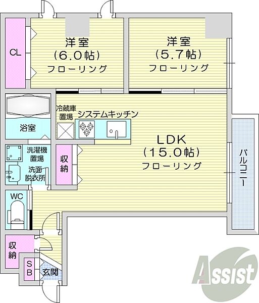 北海道札幌市豊平区中の島一条4丁目(賃貸マンション2LDK・3階・63.10㎡)の写真 その2