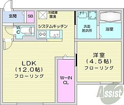 札幌市営東豊線 月寒中央駅 徒歩5分の賃貸マンション 2階1LDKの間取り