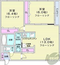 札幌市営東西線 宮の沢駅 徒歩12分の賃貸マンション 4階2LDKの間取り