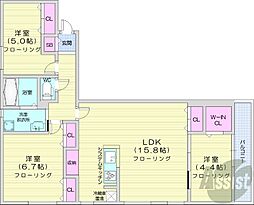 札幌市営東西線 西28丁目駅 徒歩9分の賃貸マンション 3階3LDKの間取り