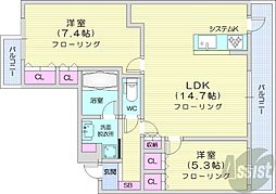 札幌市営東西線 西11丁目駅 徒歩4分の賃貸マンション 9階2LDKの間取り