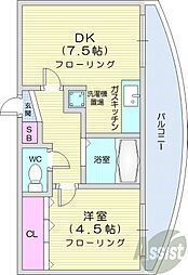 札幌市営東西線 西28丁目駅 徒歩8分の賃貸マンション 4階1DKの間取り