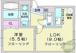 札幌市電2系統 西線16条駅 徒歩6分の賃貸アパート 1階1LDKの間取り