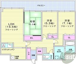 札幌市営東西線 バスセンター前駅 徒歩5分の賃貸マンション 14階3LDKの間取り