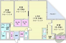 札幌市営東西線 西28丁目駅 徒歩8分の賃貸マンション 2階3LDKの間取り