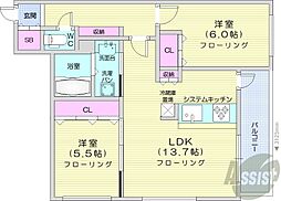 札幌市営東西線 発寒南駅 徒歩20分の賃貸マンション 3階2LDKの間取り