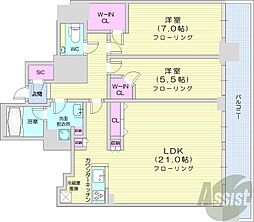 JR函館本線 札幌駅 徒歩6分の賃貸マンション 3階2LDKの間取り