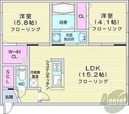 札幌市営東西線 琴似駅 徒歩5分の賃貸マンション 4階2LDKの間取り