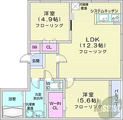 札幌市電2系統 中島公園通駅 徒歩6分の賃貸マンション 5階2LDKの間取り