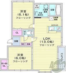 札幌市営東西線 西11丁目駅 徒歩10分の賃貸アパート 3階2LDKの間取り