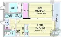 札幌市営東西線 バスセンター前駅 徒歩9分の賃貸マンション 6階1LDKの間取り