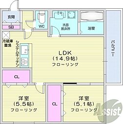 札幌市営南北線 中島公園駅 徒歩7分の賃貸マンション 1階2LDKの間取り