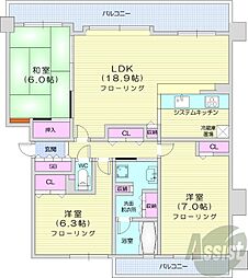 札幌市営東西線 西28丁目駅 徒歩9分の賃貸マンション 3階3LDKの間取り