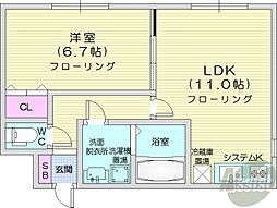 リバティMew.E 1階1LDKの間取り