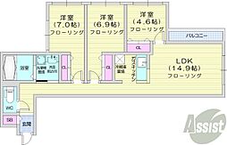 札幌市電2系統 行啓通駅 徒歩8分の賃貸マンション 3階3LDKの間取り