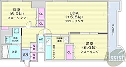 札幌市営南北線 中島公園駅 徒歩8分の賃貸マンション 6階2LDKの間取り